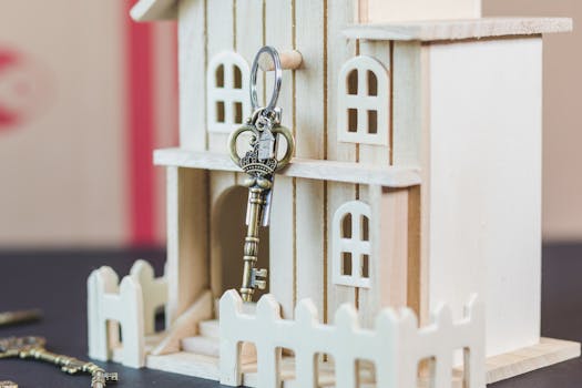 apple-laptop-notebook Miniature wooden house with a vintage key, symbolizing real estate and homeownership.